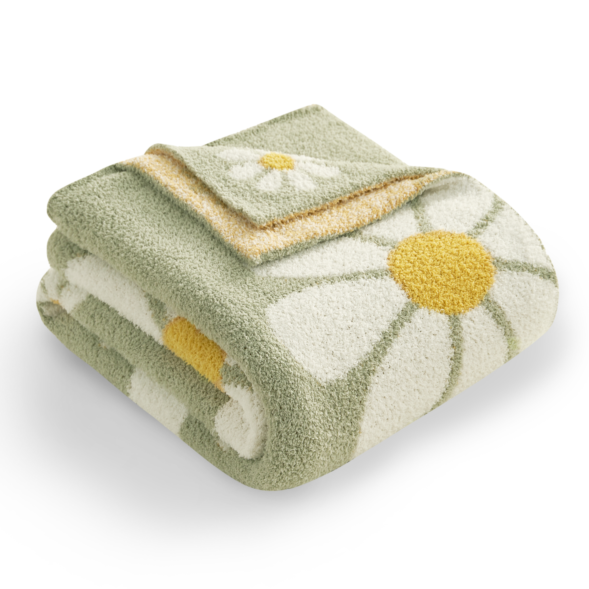 Folded Spring Floral Feather Yarn Knit Throw Blanket with white background#Color_Sage Green