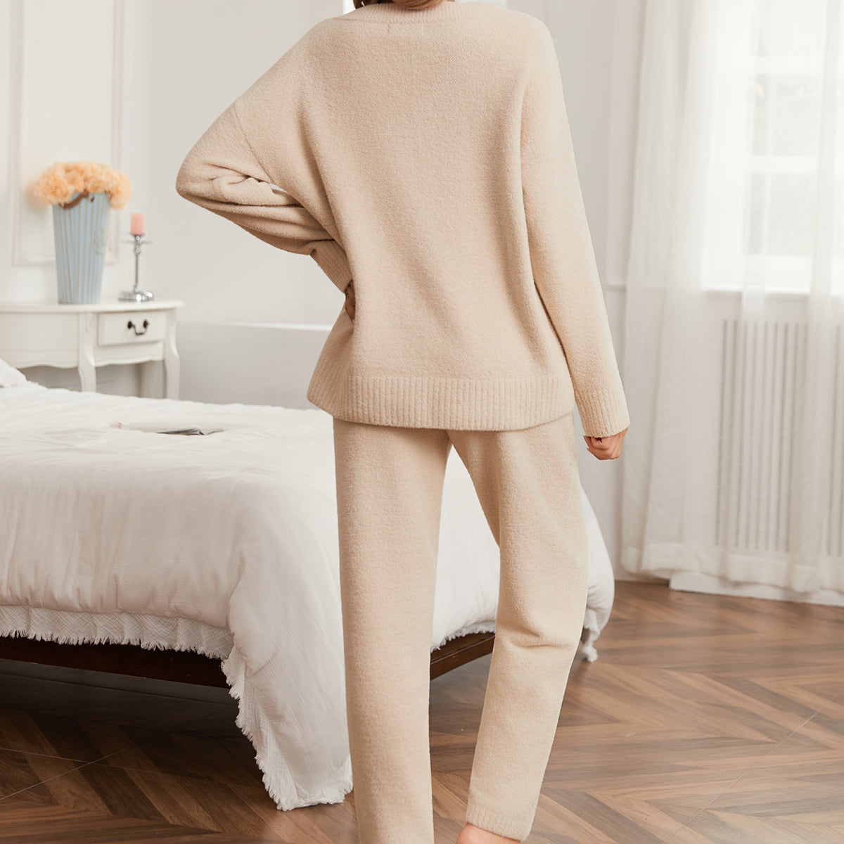 Snuggle Sac women long sleeve V-neck knit loungewear set in Beige, back view showcasing soft knit texture and relaxed silhouette #color_Beige