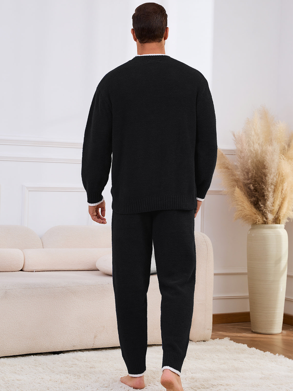 Snuggle Sac men long sleeve crewneck knit loungewear set in Black, back view showcasing relaxed fit and soft knit texture #color_Black