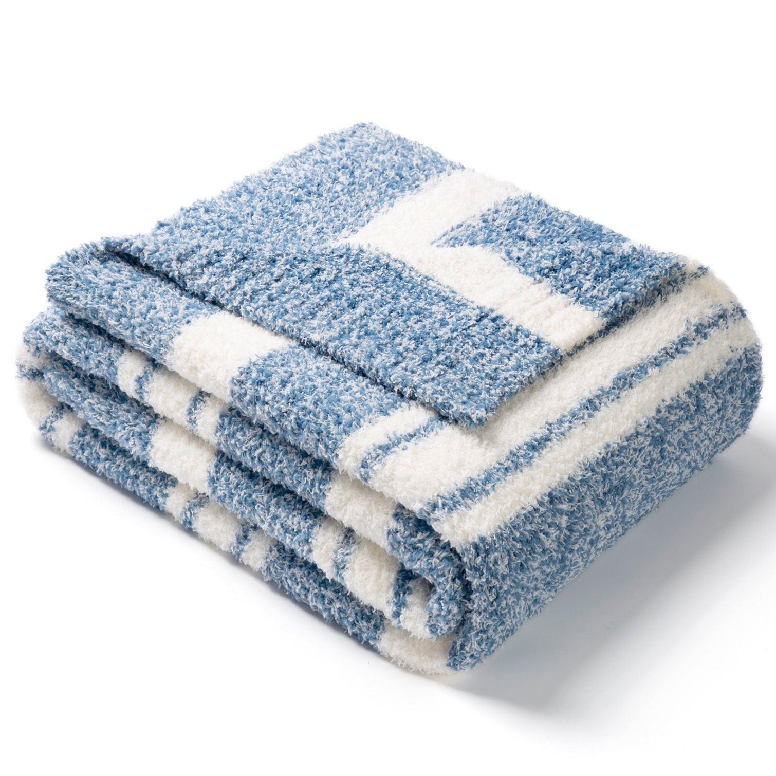 Folded Striped Feather Yarn Knit Throw Blanket#Color_Blue