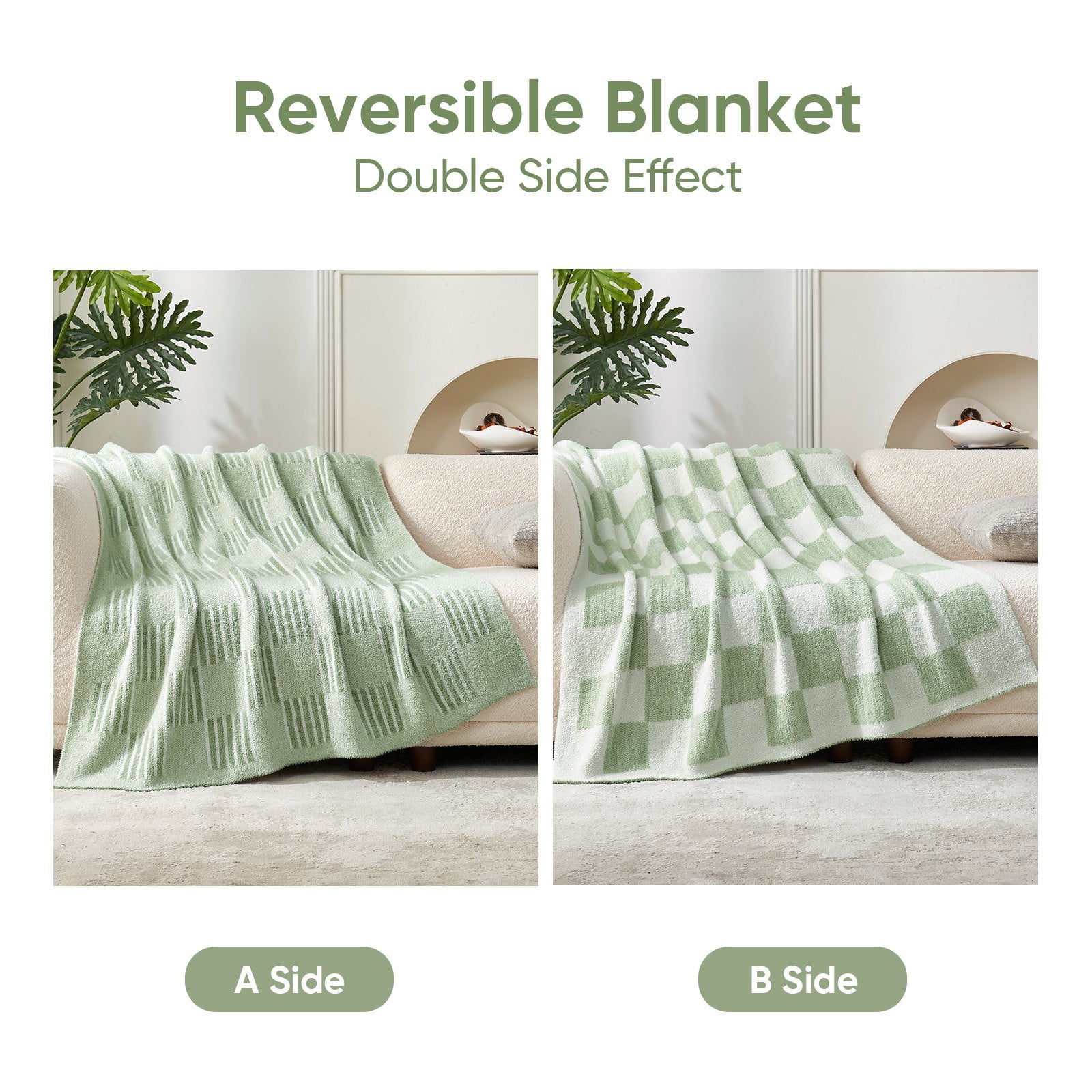 Comparison of Snuggle Sacs Reversible Heather Checkered Feather Yarn Knit Throw Blanket showing double side effects#Color_Heather Sage Green