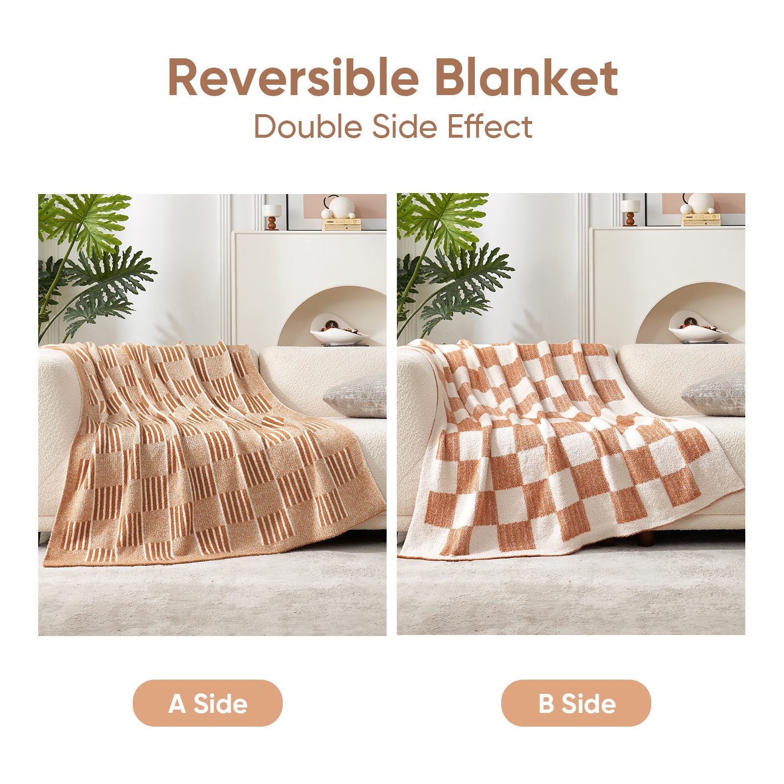 Comparison of Snuggle Sacs Reversible Heather Checkered Feather Yarn Knit Throw Blanket showing double side effects#Color_Heather Orange