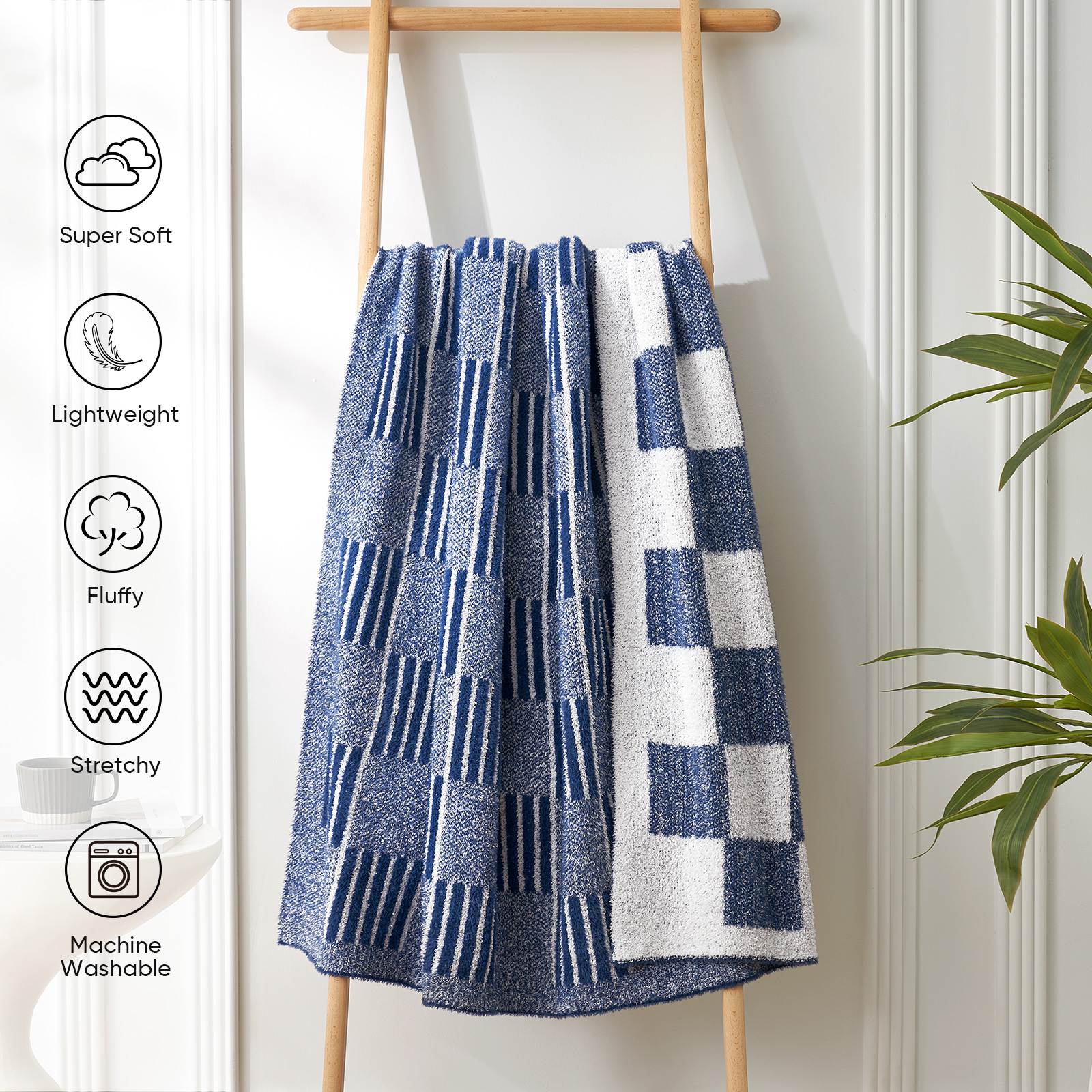 Snuggle Sacs Reversible Heather Checkered Feather Yarn Knit Throw Blanket hang on the wall showing 'Super soft, Lightweight, Fluffy, Stretchy, Machine Washable'#Color_Heather Navy