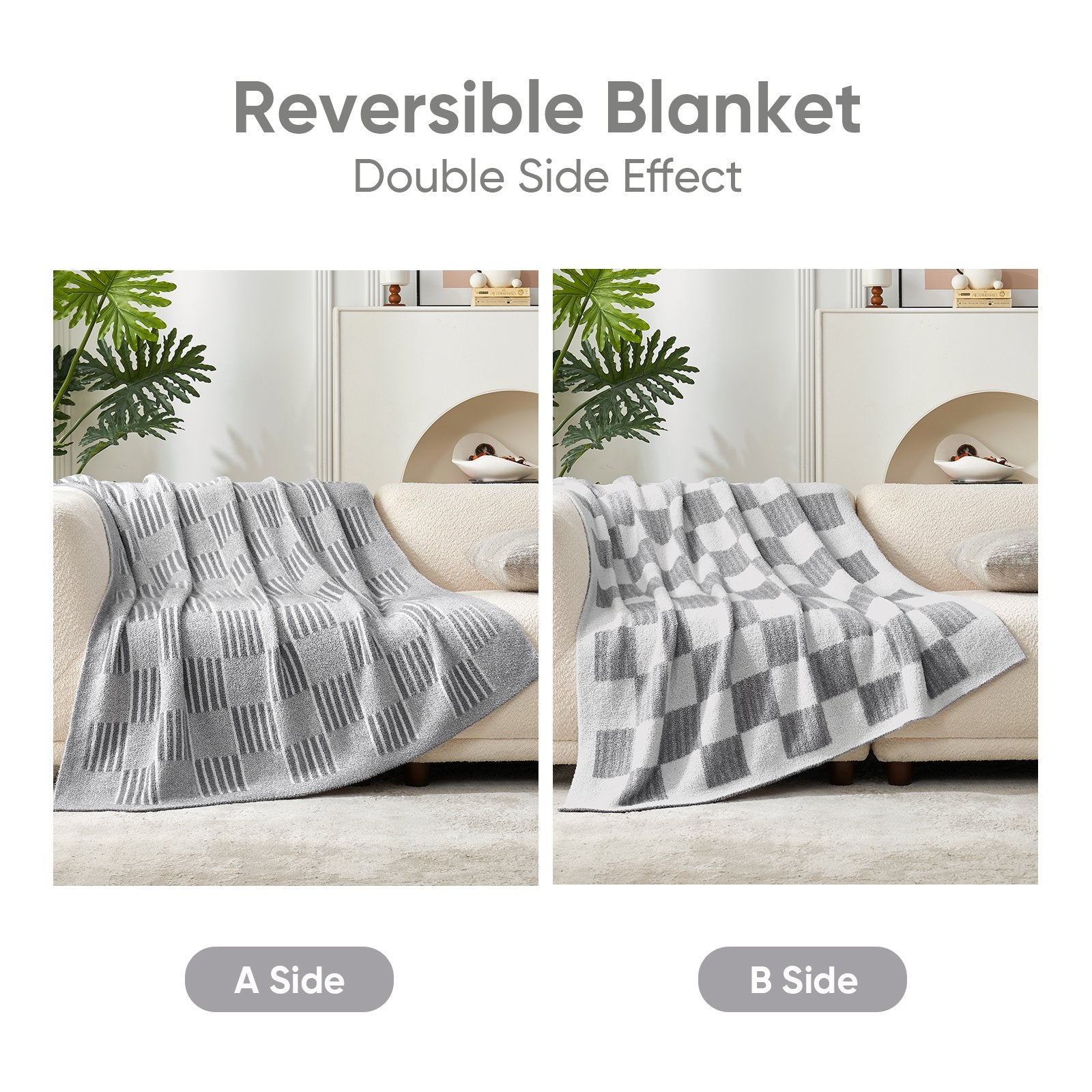 Comparison of Snuggle Sacs Reversible Heather Checkered Feather Yarn Knit Throw Blanket showing double side effects#Color_Heather Grey