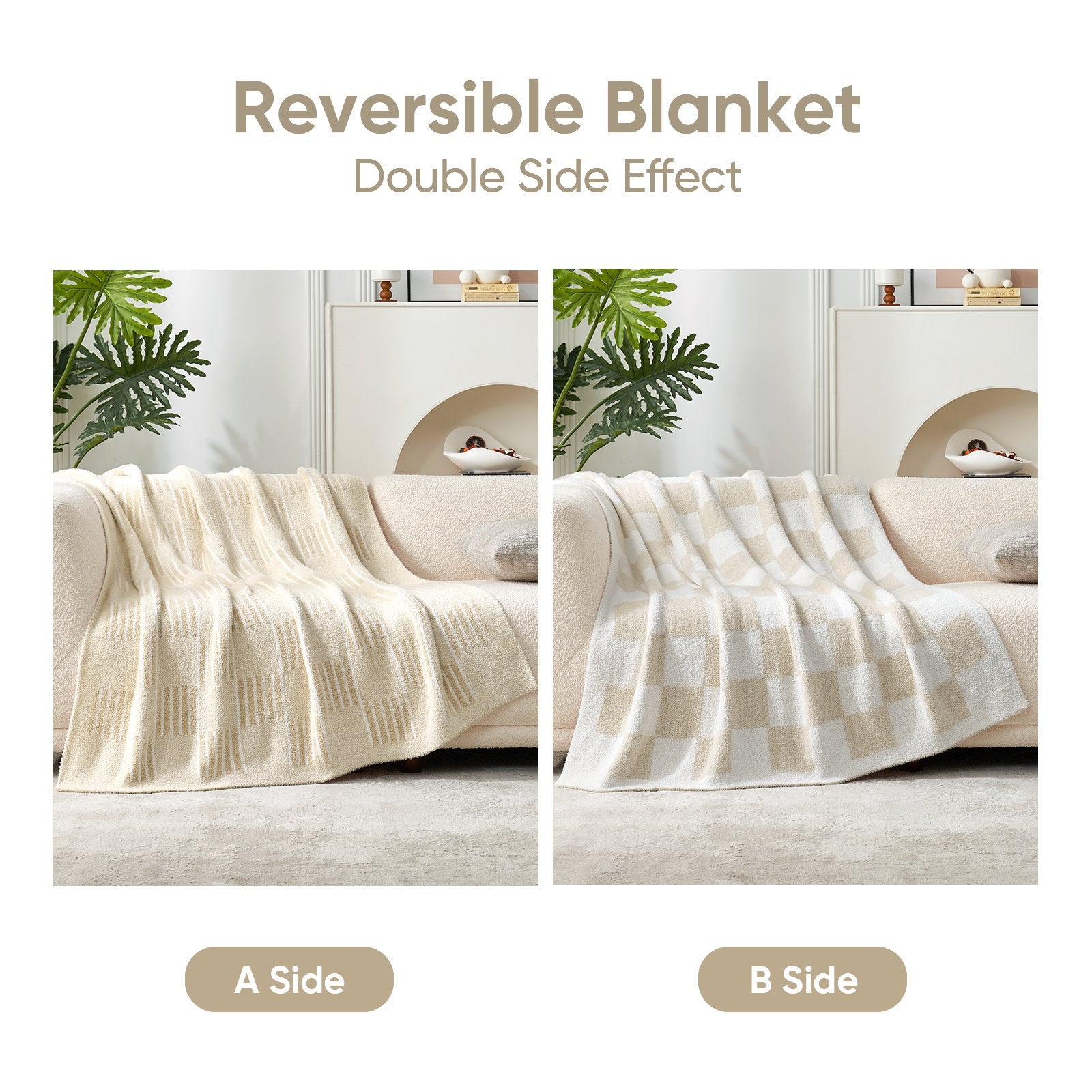 Comparison of Snuggle Sacs Reversible Heather Checkered Feather Yarn Knit Throw Blanket showing double side effects#Color_Heather Cream