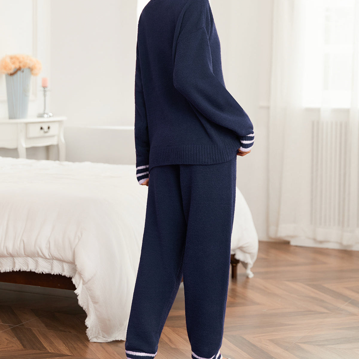 Snuggle Sac women long sleeve crewneck knit loungewear set in Navy, back view showcasing relaxed silhouette and soft knit texture #color_Navy