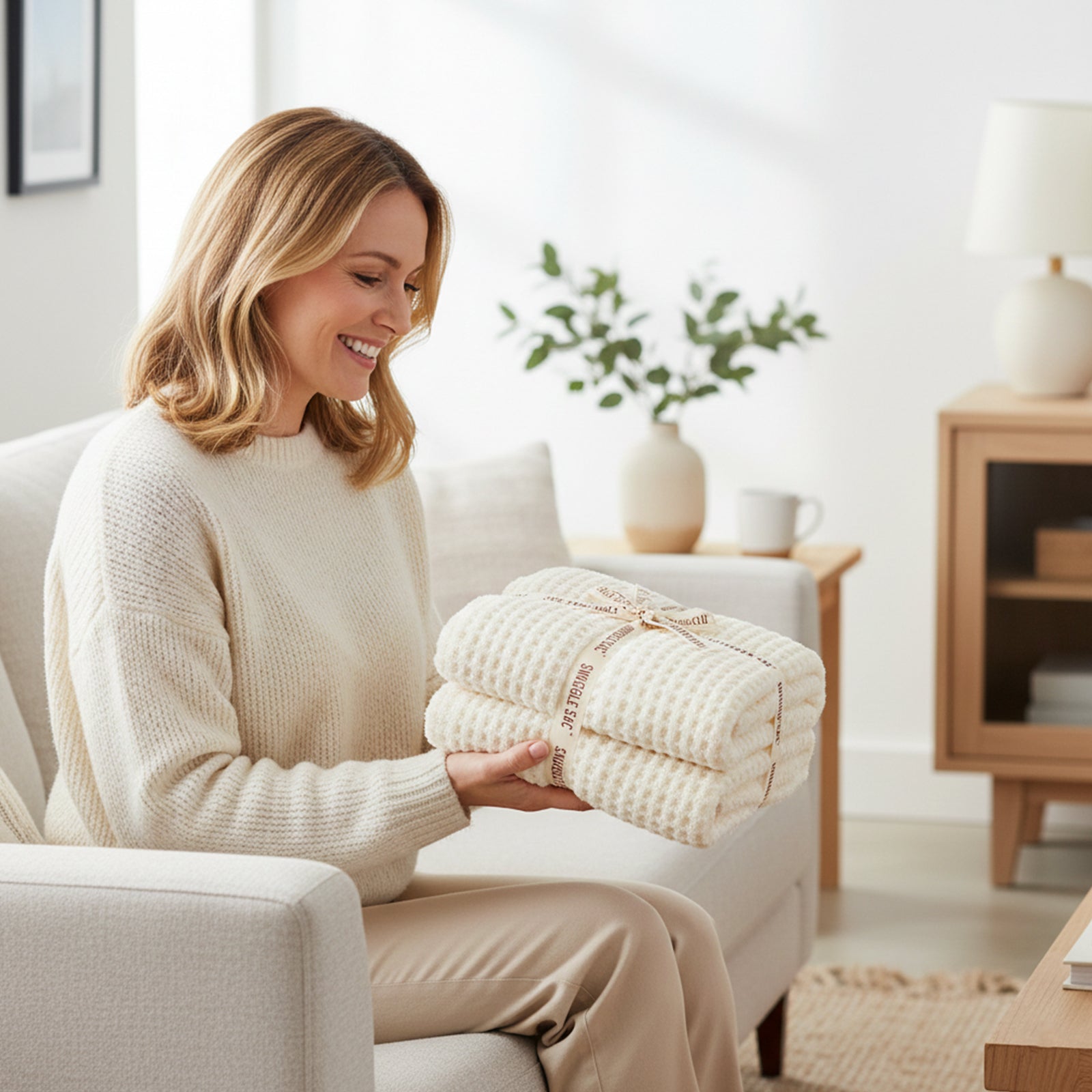 A woman giving Soft Waffle Feather Yarn Knit Throw Blanket wrapped as a gift with ribbon to someone#Color_Cream