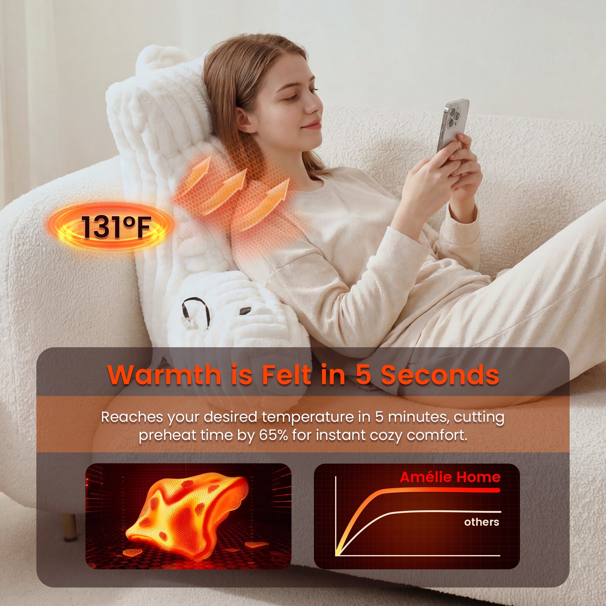 A woman laying on the Snuggle Sac Heated Faux Fur Backrest Reading Pillow in Sage Green featuring the warmth that is felt in 5 seconds#color_Ivory