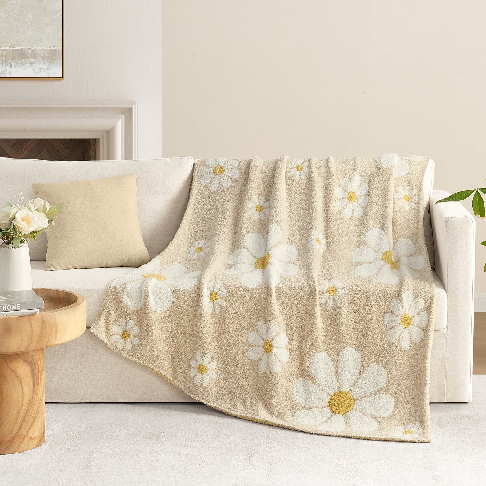 Spring Floral Feather Yarn Knit Throw Blanket on a couch in a bright room with furnitures#Color_Beige
