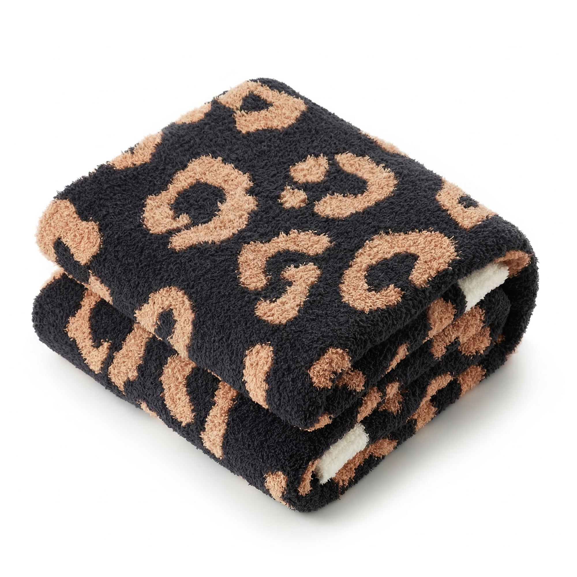 Folded Snuggle Sacs Reversible Leopard Feather Yarn Knit Throw Blanket#Color_Black