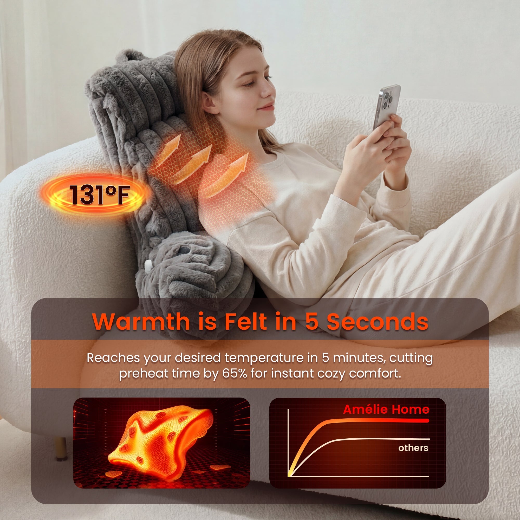 A woman laying on the Snuggle Sac Heated Faux Fur Backrest Reading Pillow in Sage Green featuring the warmth that is felt in 5 seconds#color_Grey