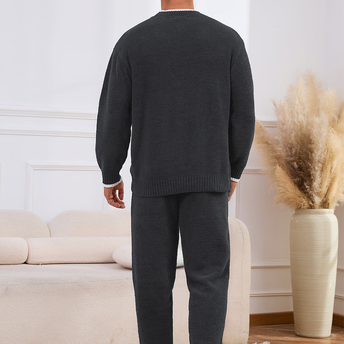 Snuggle Sac men long sleeve crewneck knit loungewear set in Dark Grey, back view showcasing relaxed fit and soft knit texture #color_Dark Grey