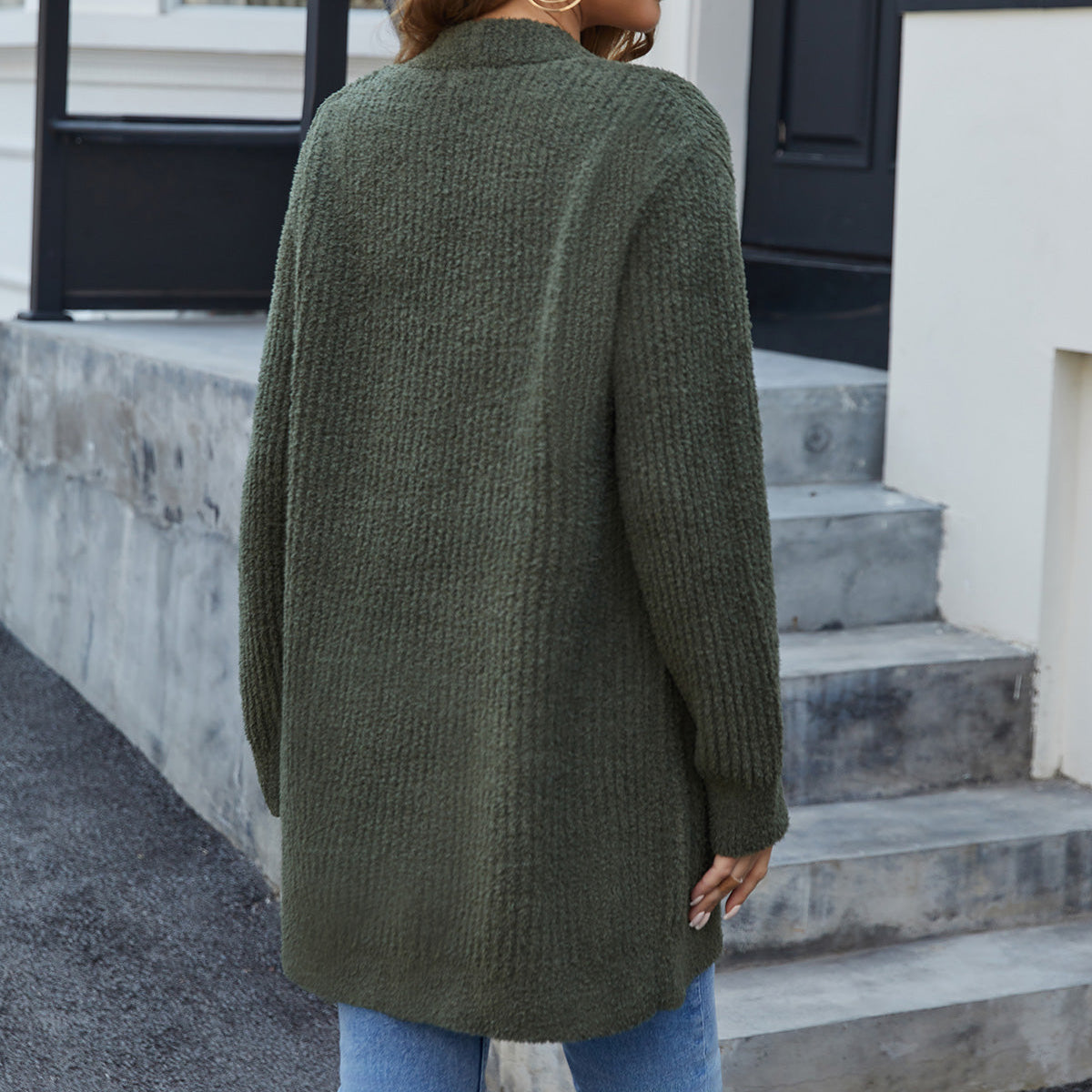 Back view of women cardigan sweater with pocket in Army Green, showcasing relaxed fit and soft knit texture #color_Army Green