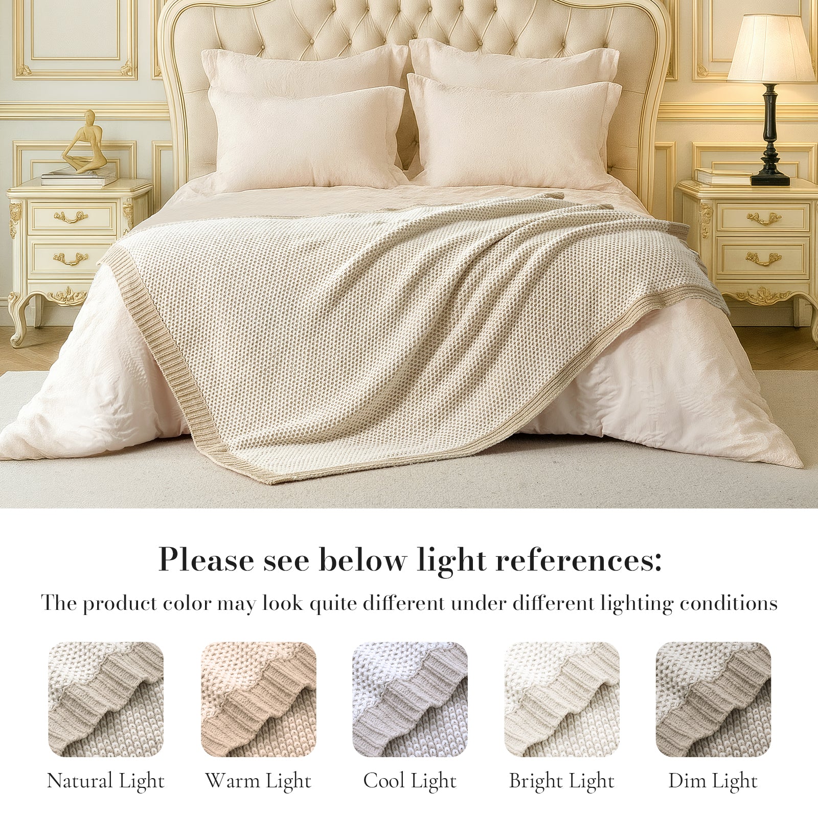 Two tone chenille knit throw blanket in Khaki layered on bed with lighting reference showing color variations  #color_Khaki 