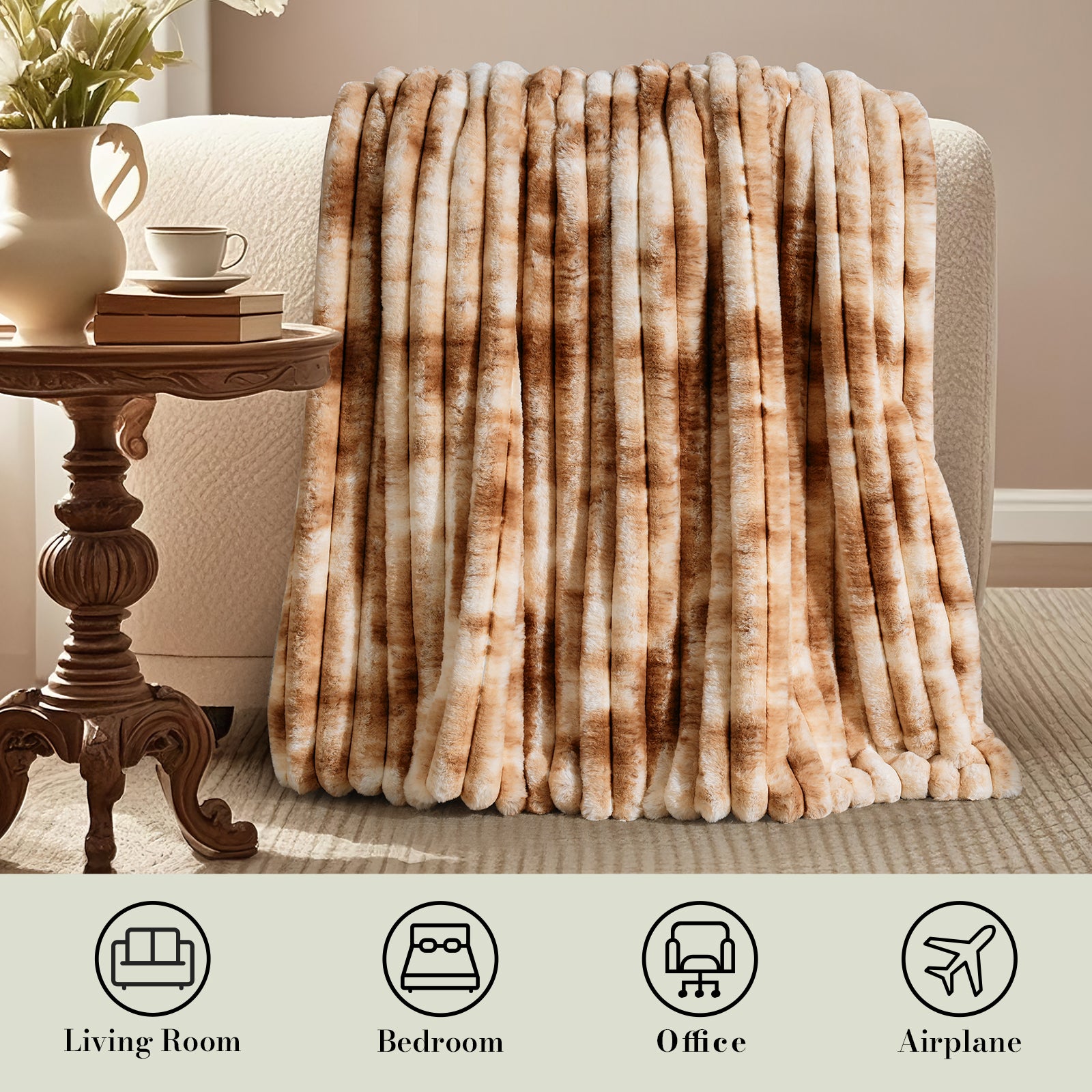 Striped faux fur throw blanket in Tie-dye Khaki draped over a sofa, creating a clean and cozy living space #color_Tie-dye Khaki