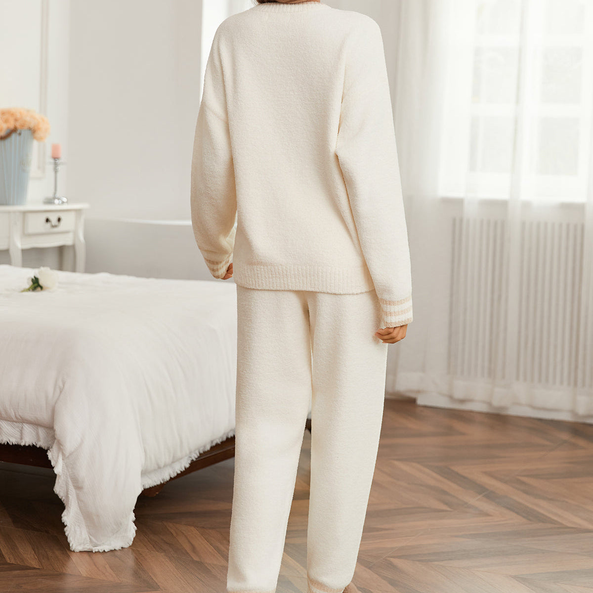 Snuggle Sac women long sleeve crewneck knit loungewear set in Ivory, back view showcasing relaxed silhouette and soft knit texture #color_Ivory