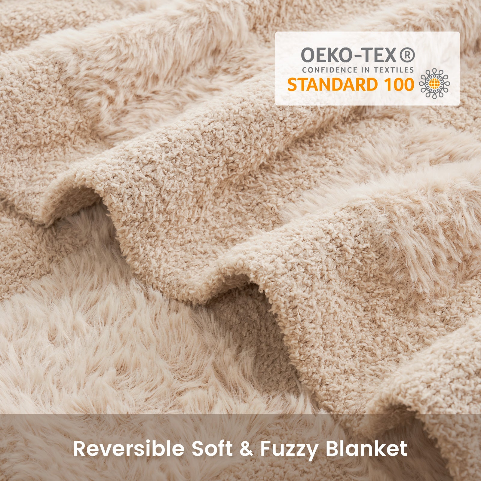 Close up of UltraCozy Solid Checkered Feather Yarn Knit Throw Blanket with OEKO-TEX #Color_Solid Beige