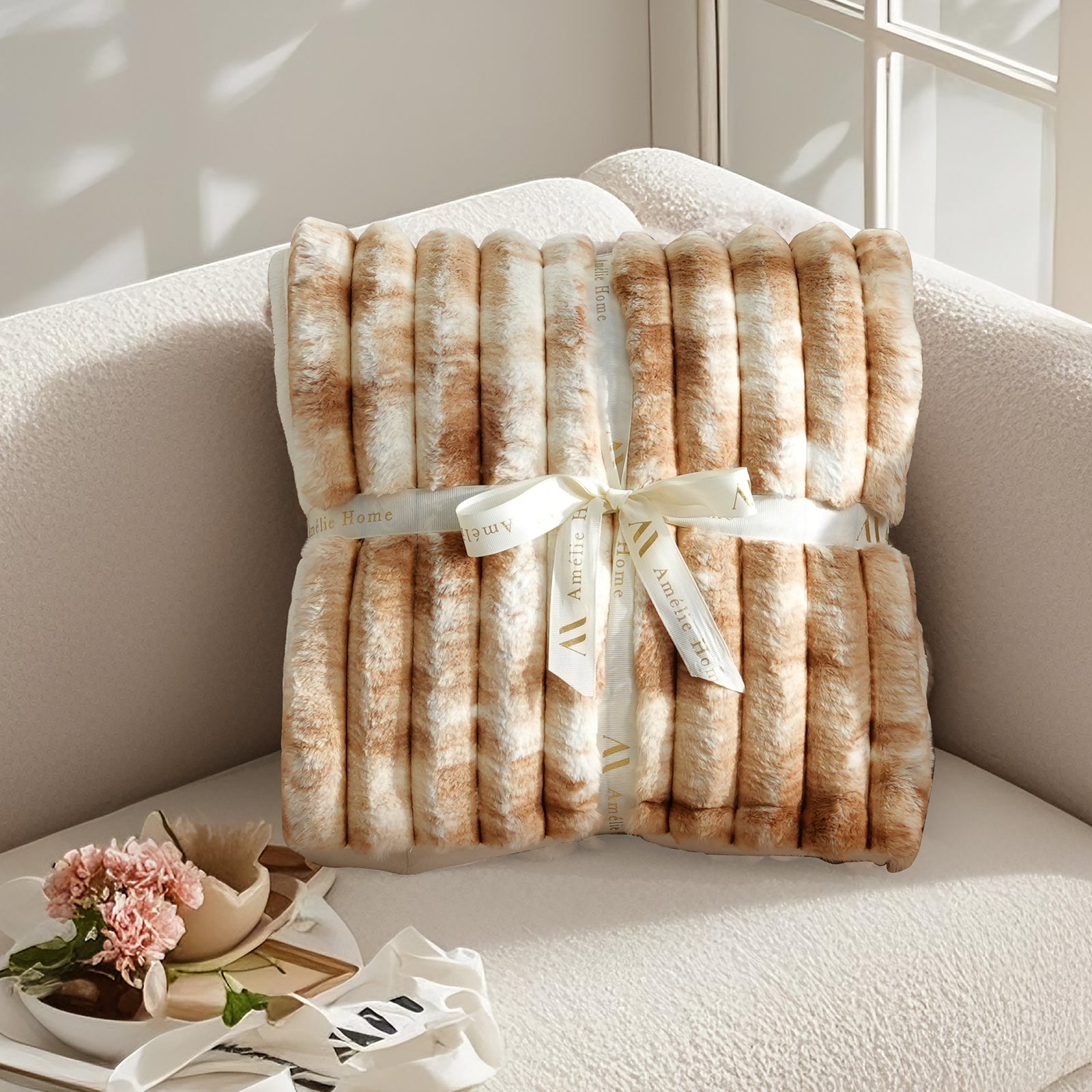 Striped faux fur throw blanket in Tie-dye Khaki folded with ribbon, perfect for gifting #color_Tie-dye Khaki