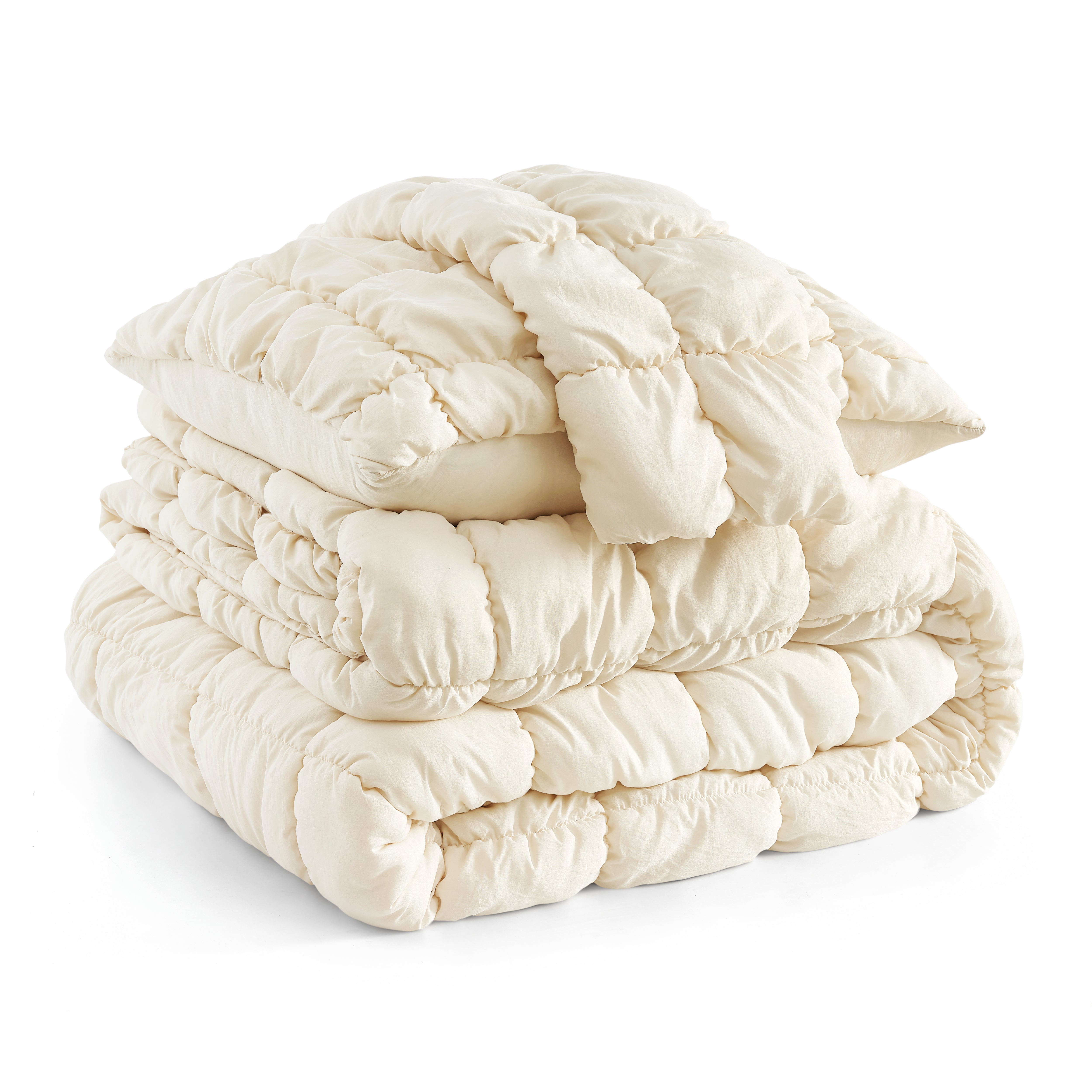 Folded Snuggle Sac  All-Season Bubble Comforter Set in beige on bed#color_Beige