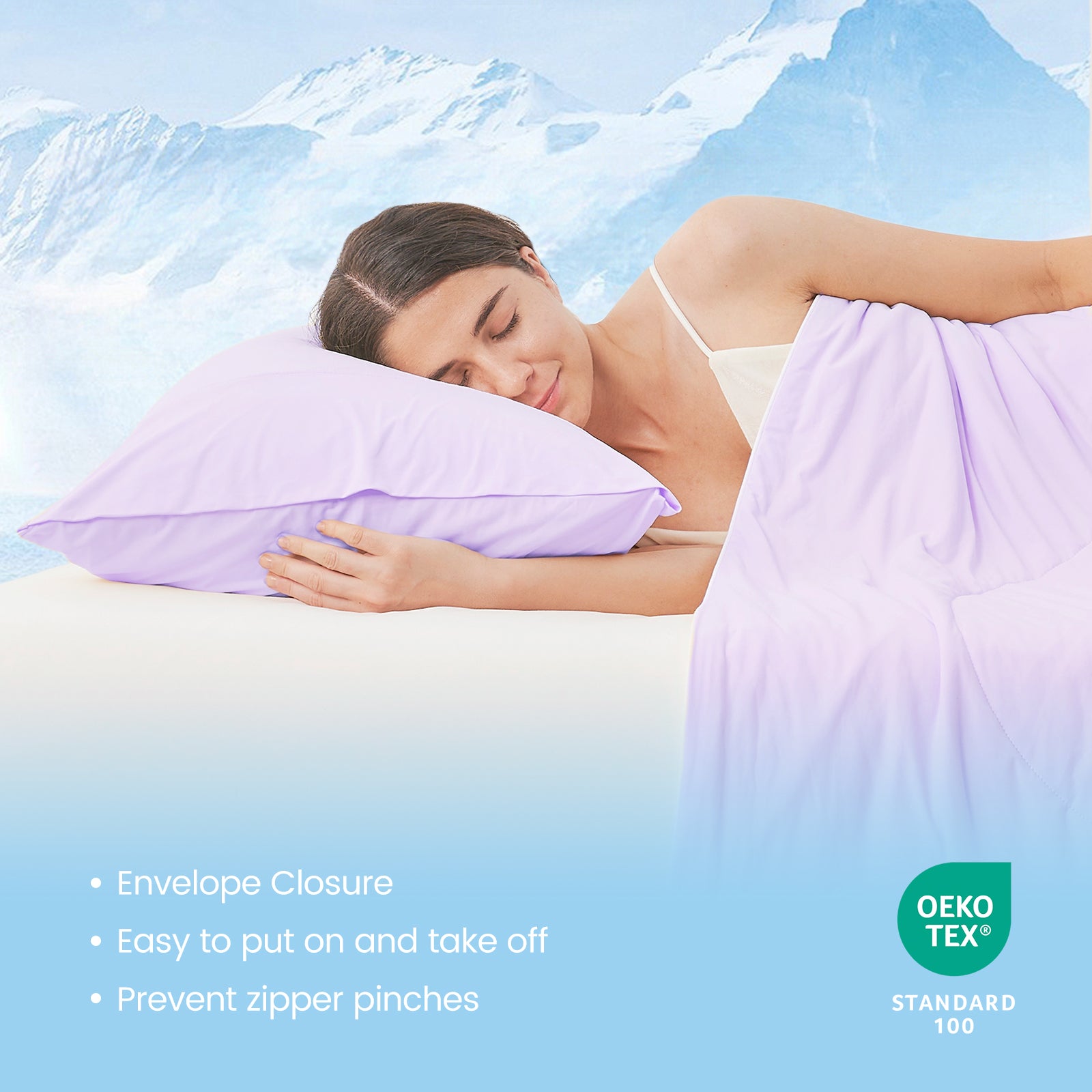 Woman sleeping with OEKO-TEX certified Snuggle Sac envelope pillowcases.#Color_Purple