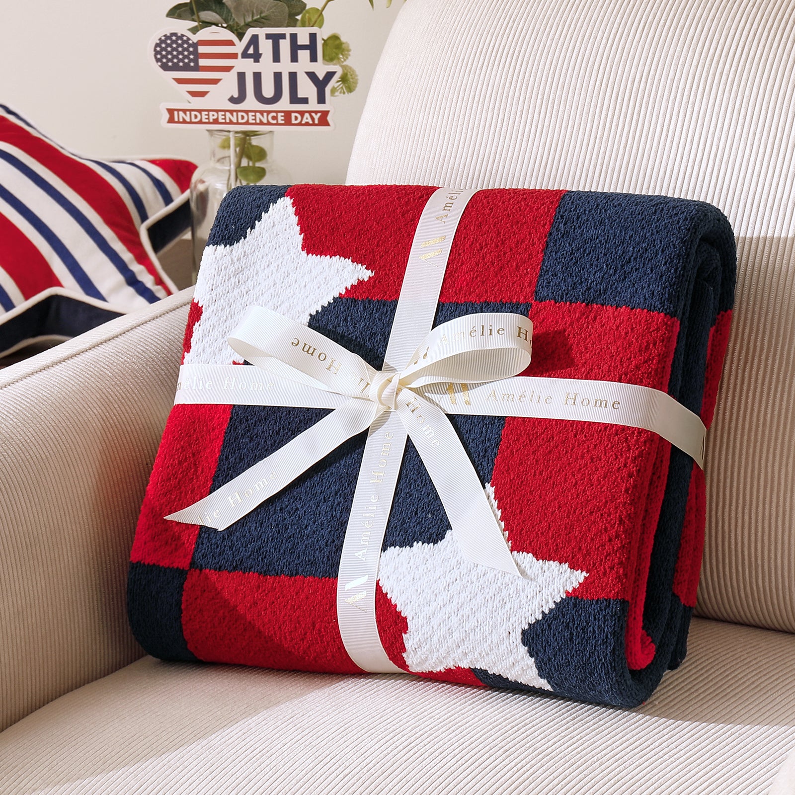 Independent Day chenille knit throw blanket in Red White folded with ribbon perfect for holiday gifting #color_Red White