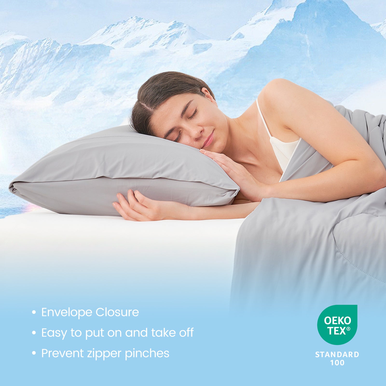 Woman sleeping with OEKO-TEX certified Snuggle Sac envelope pillowcases.#Color_Light Grey