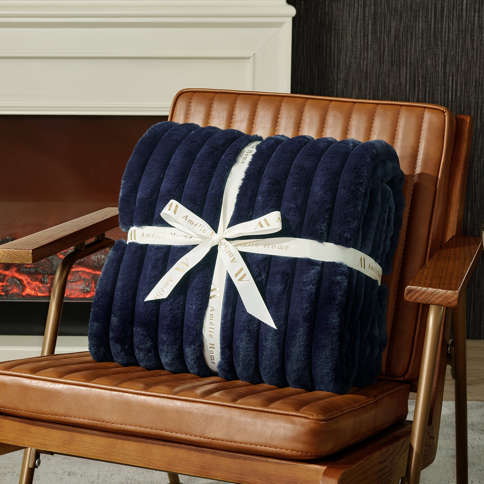 Striped faux fur throw blanket in Navy Blue folded with ribbon, perfect for gifting #color_Navy Blue