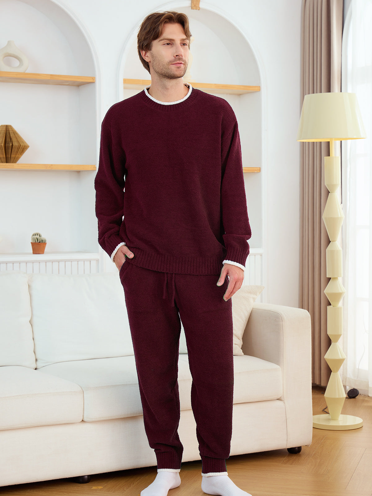 Snuggle Sac men long sleeve crewneck knit loungewear set in Christmas Red, full body front view with a relaxed and cozy indoor style #color_Christmas Red
