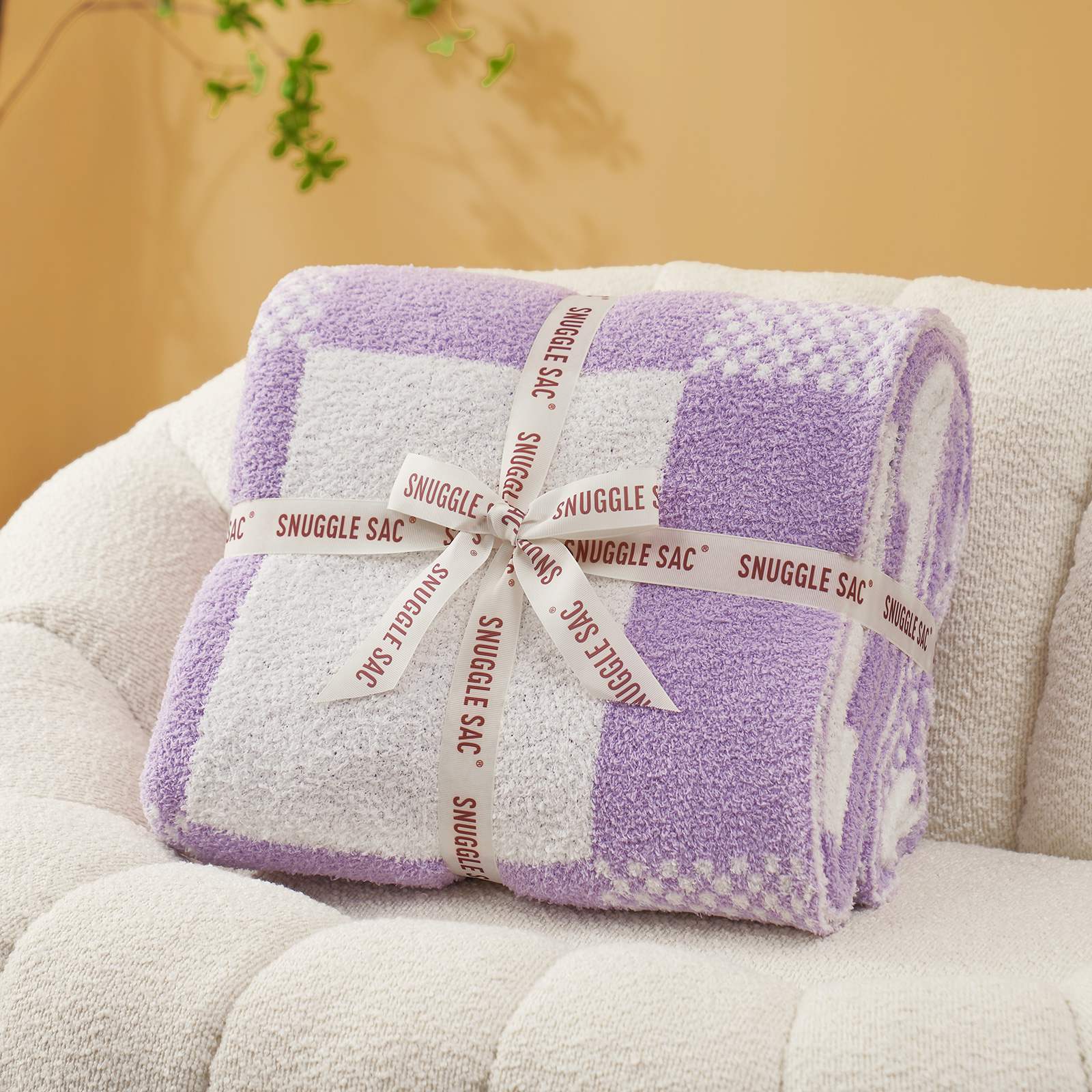 Snuggle Sac Checkered Feather Yarn Knit Throw Blanket, wrapped with the ribbon as a perfect gift#color_Lilac