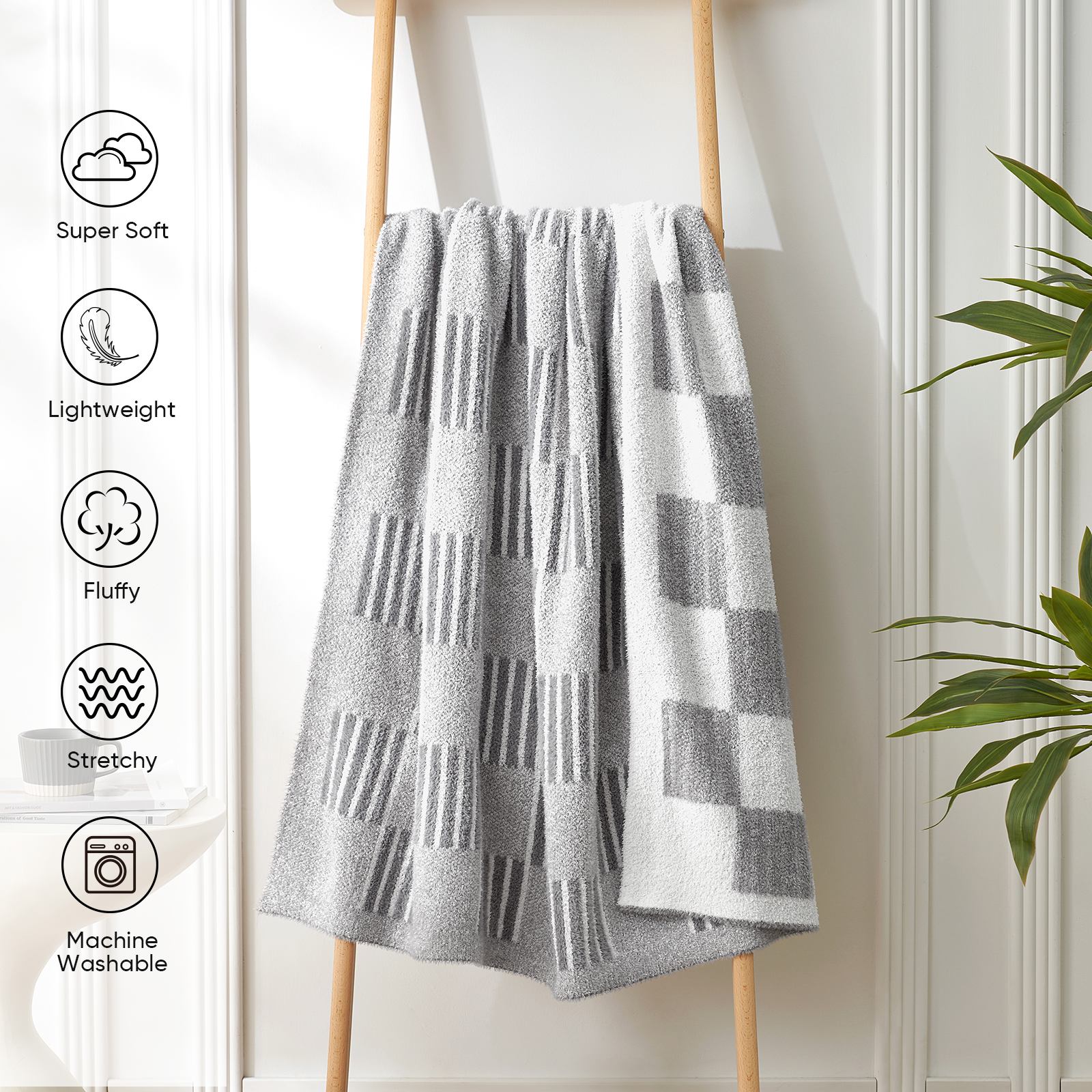 Snuggle Sacs Reversible Heather Checkered Feather Yarn Knit Throw Blanket hang on the wall showing 'Super soft, Lightweight, Fluffy, Stretchy, Machine Washable'#Color_Heather Grey