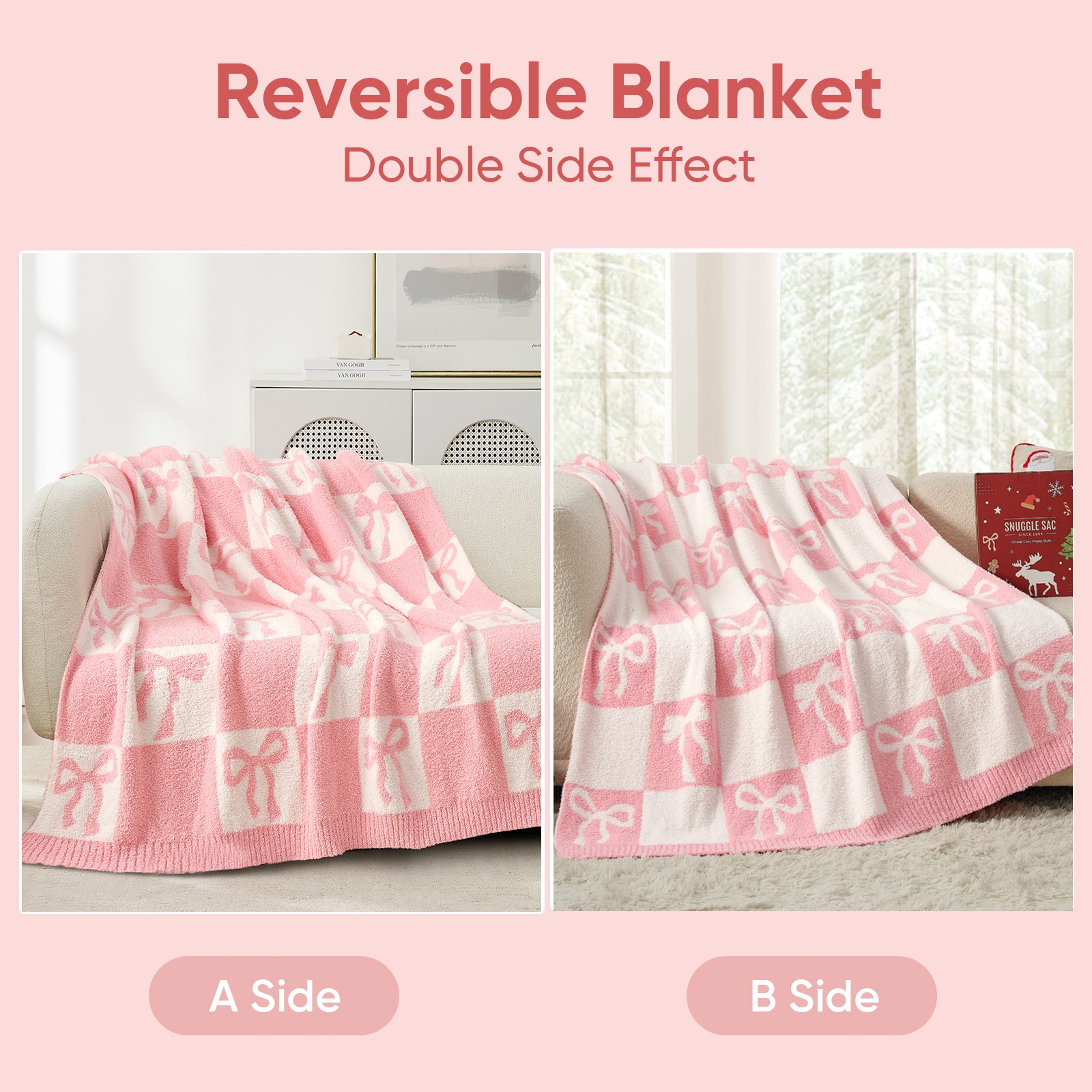 Snuggle Sacs Reversible Checkered Bow Feather Yarn Knit Throw Blanket with pirctures comparing the double side effects#color_Pink_Bow