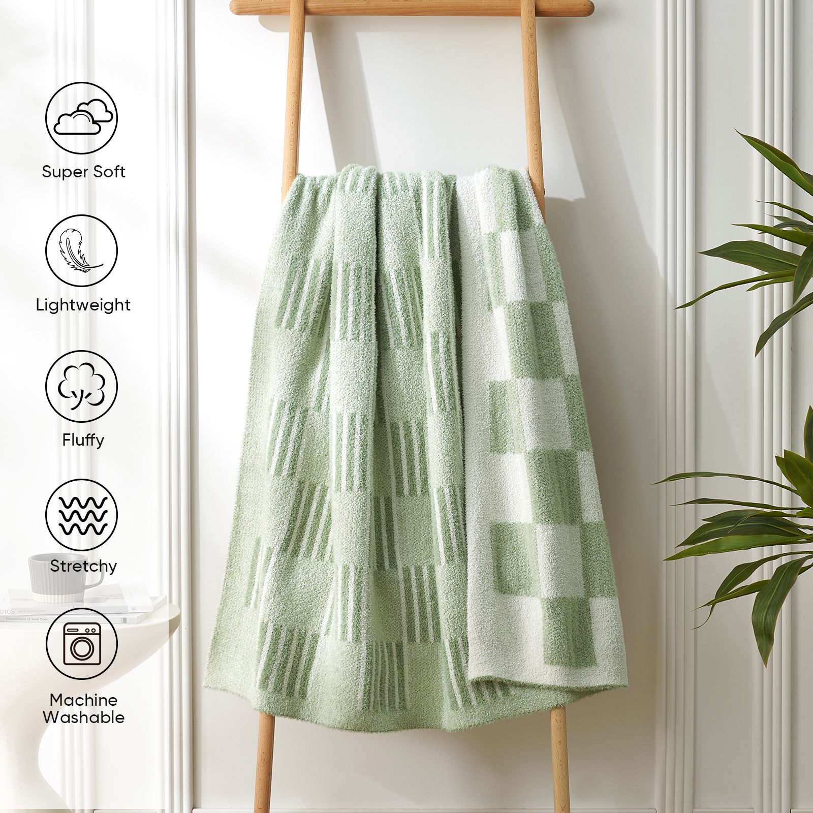 Snuggle Sacs Reversible Heather Checkered Feather Yarn Knit Throw Blanket hang on the wall showing 'Super soft, Lightweight, Fluffy, Stretchy, Machine Washable'#Color_Heather Sage Green