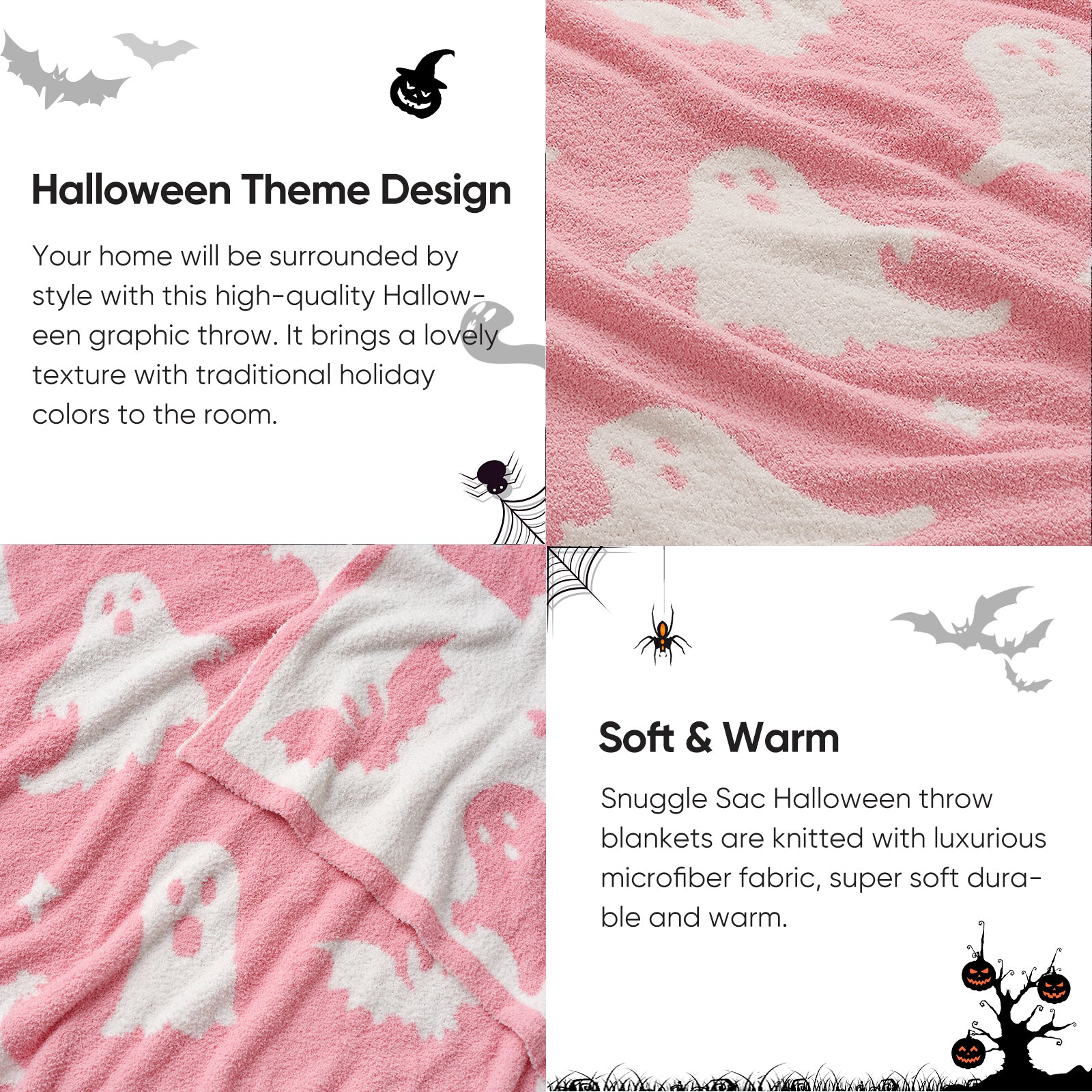 MochiSoft™ Reversible Pink Ghost Throw Blanket