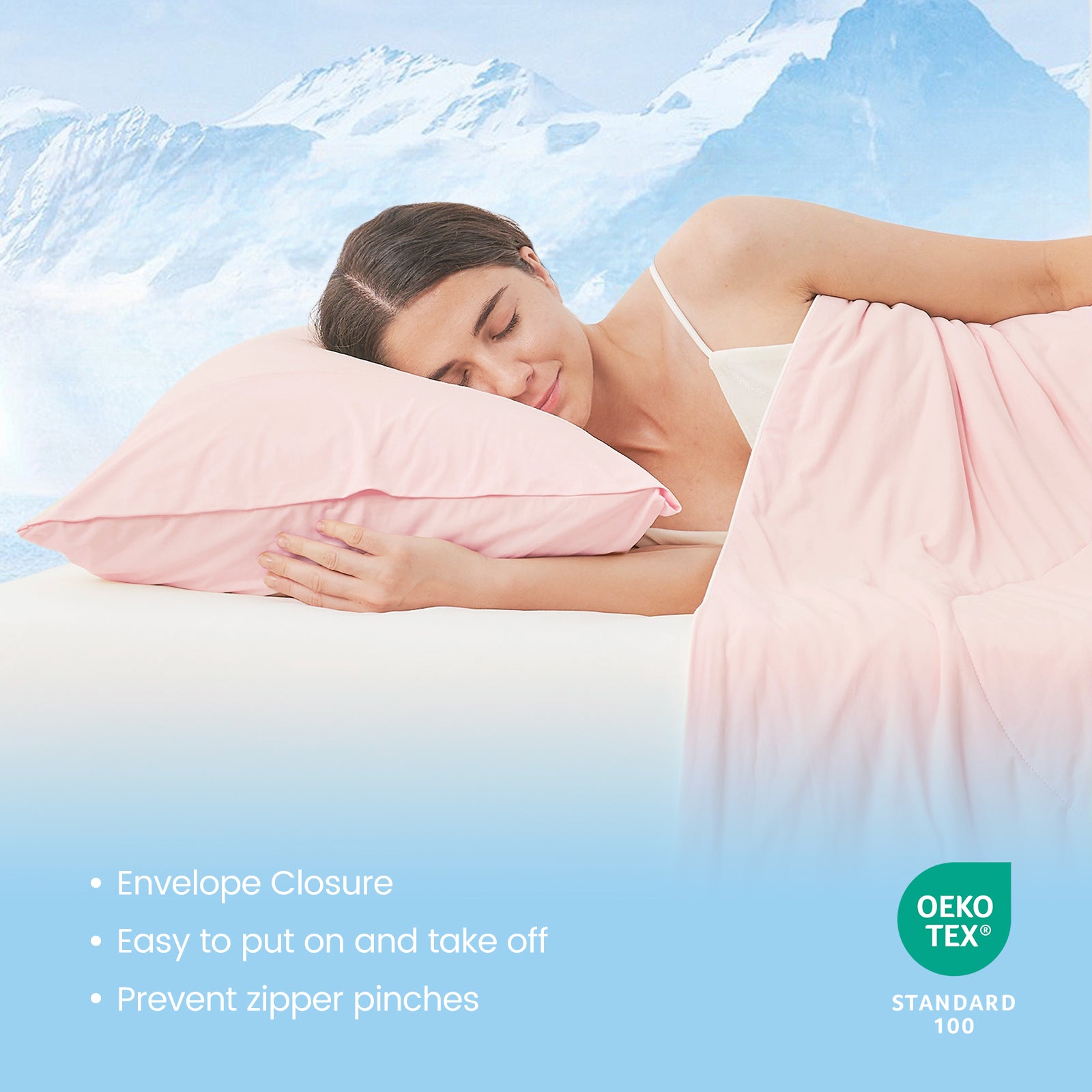 Woman sleeping with OEKO-TEX certified Snuggle Sac envelope pillowcases.#Color_Pink
