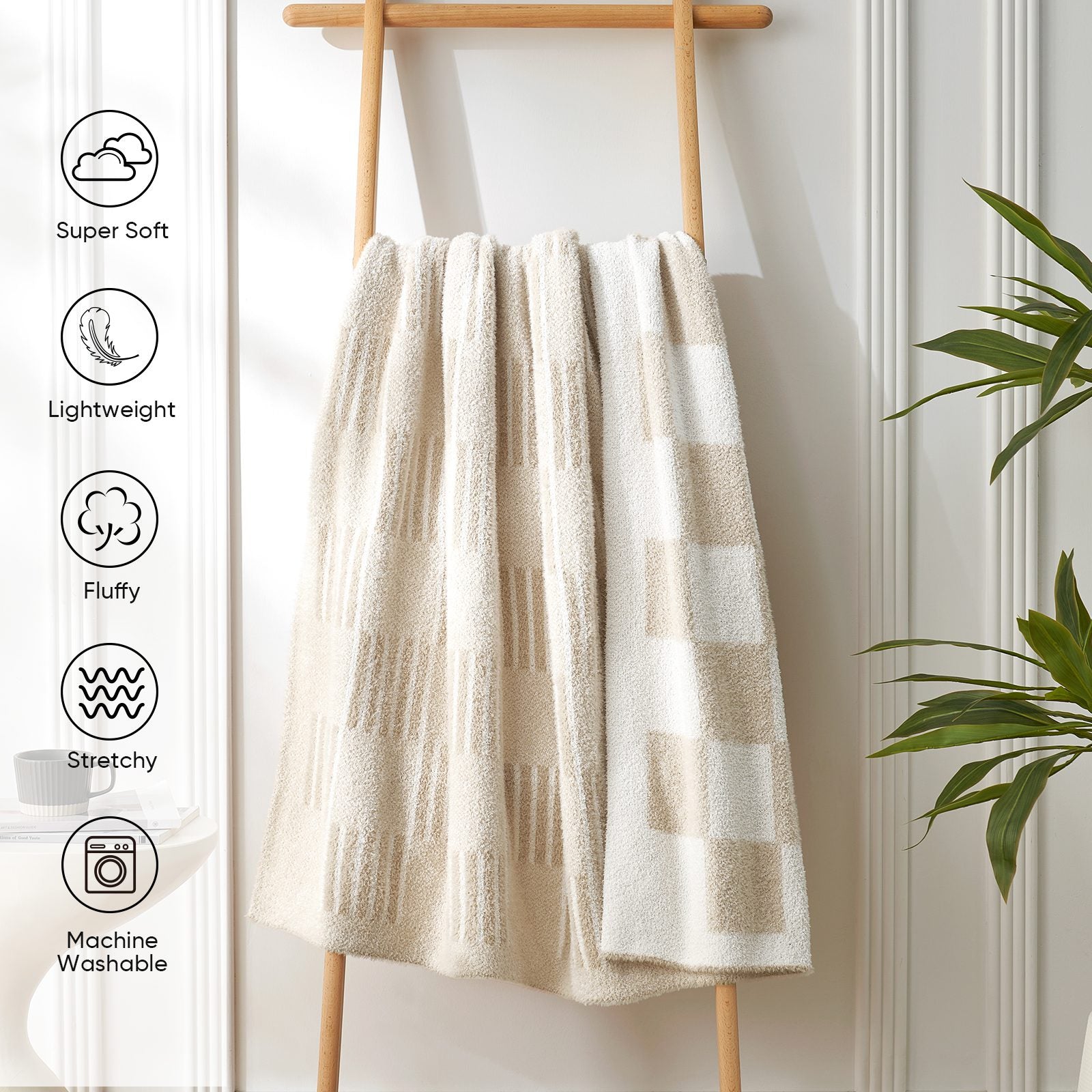 Snuggle Sacs Reversible Heather Checkered Feather Yarn Knit Throw Blanket hang on the wall showing 'Super soft, Lightweight, Fluffy, Stretchy, Machine Washable'#Color_Heather Cream
