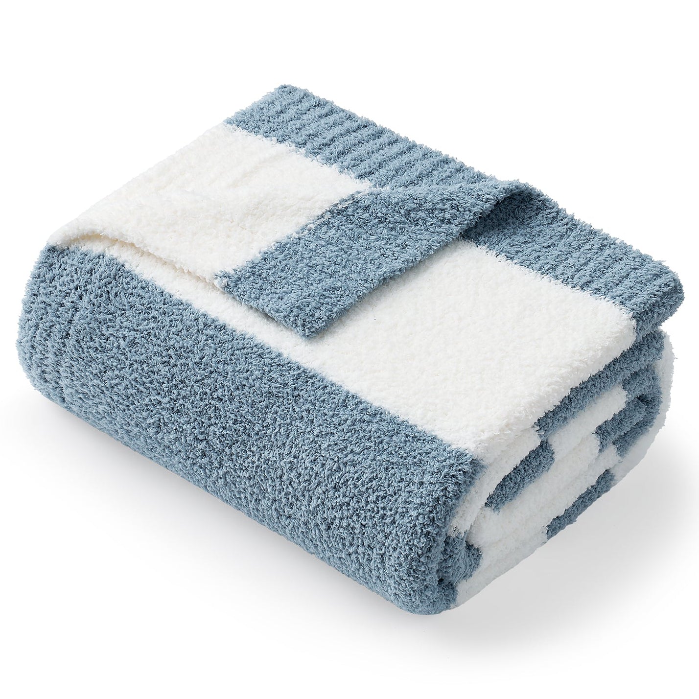 Folded Snuggle Sacs Reversible Blue Striped Feather Yarn Knit Throw Blanket with a white background#color_Blue