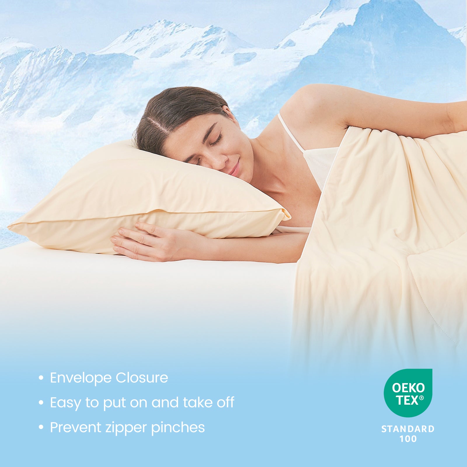 Woman sleeping with OEKO-TEX certified envelope pillowcases.#Color_Yellow