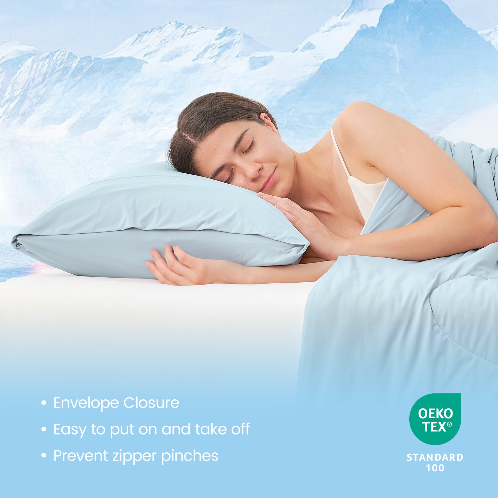 Woman sleeping with OEKO-TEX certified envelope pillowcases.#Color_Blue
