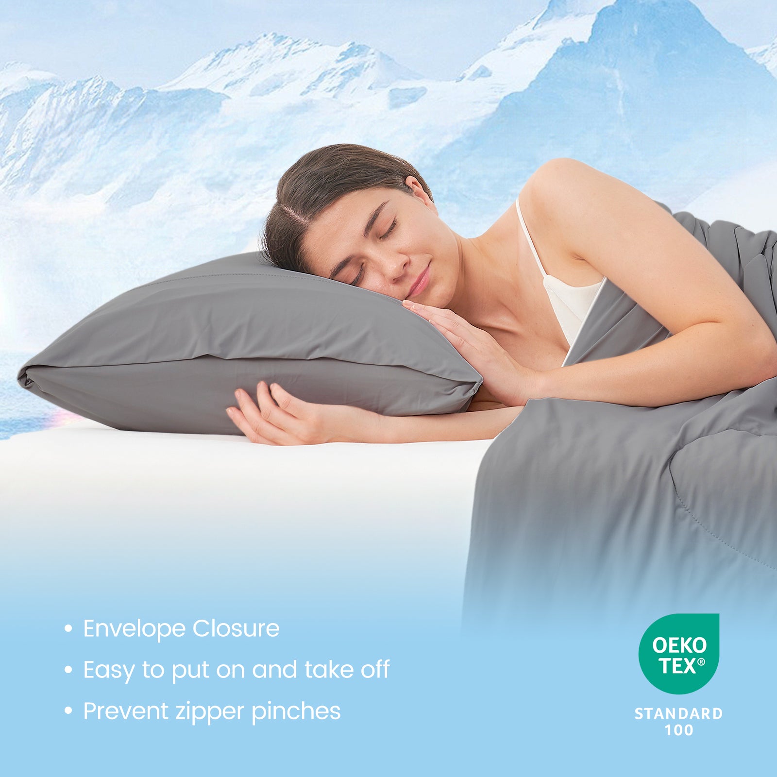 Woman sleeping with OEKO-TEX certified Snuggle Sac envelope pillowcases.#Color_Dark Grey