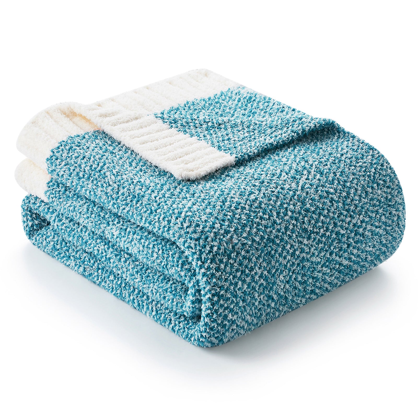 Folded Snuggle Sac Heather Feather Yarn Heather Teal Knit Throw Blanket front view  #color_Heather Teal