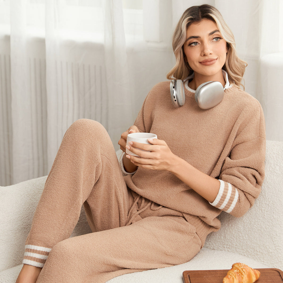 Snuggle Sac women long sleeve crewneck knit loungewear set in Khaki, styled with a cozy and effortless homewear aesthetic #color_Khaki