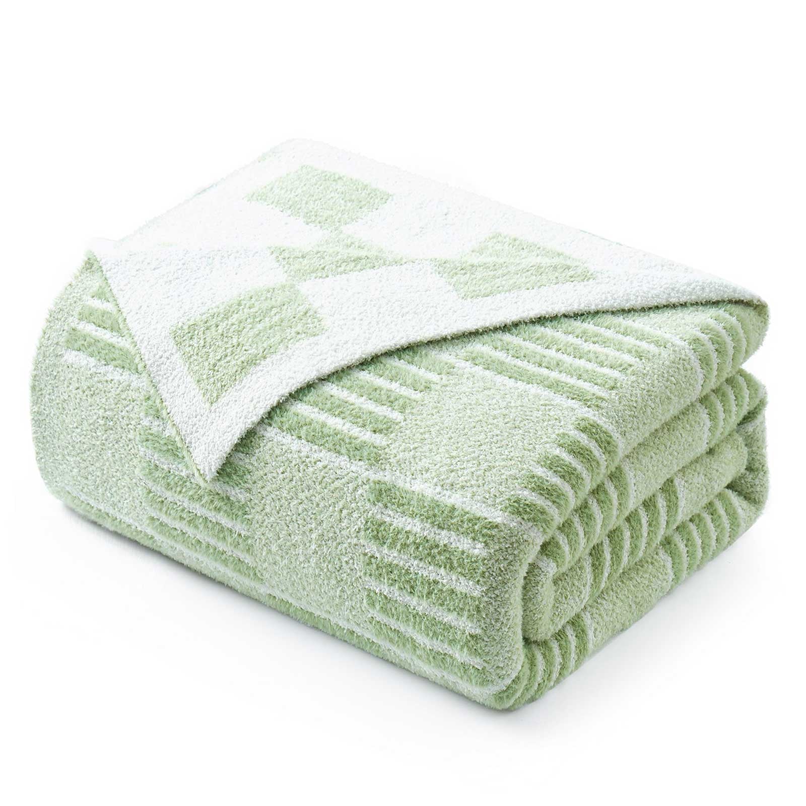 Folded Snuggle Sacs Reversible Heather Checkered Feather Yarn Knit Throw Blanket#Color_Heather Sage Green