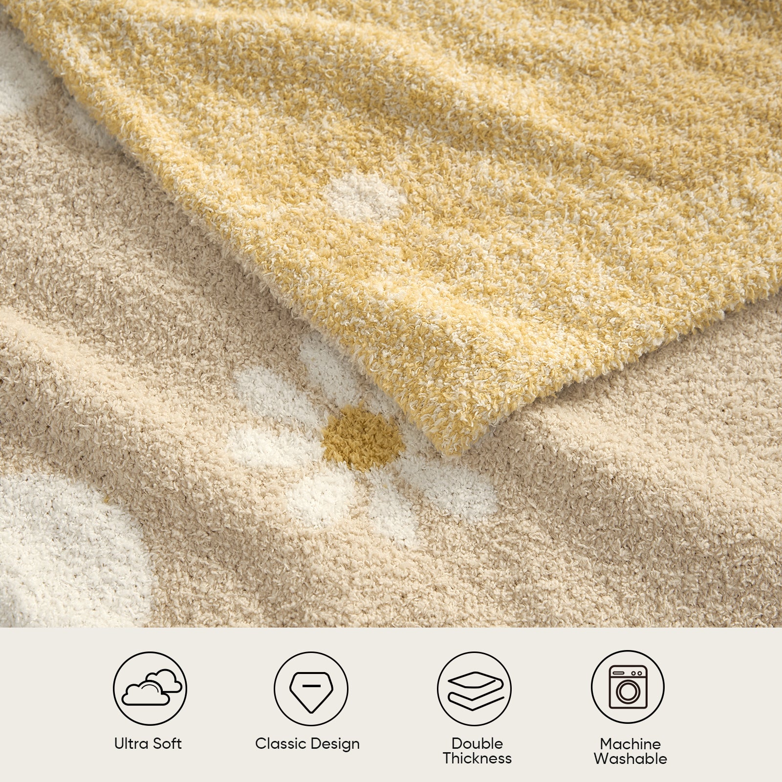 Close up of Spring Floral Feather Yarn Knit Throw Blanket showing 'Ultra Soft', 'Classic Design', 'Double thickness', 'Machine Washable'#Color_Beige