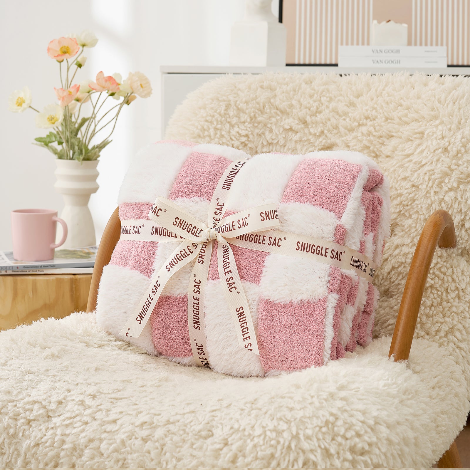 UltraCozy Checkered Feather Yarn Knit Throw Blanket wrapped as a gift#Color_Pink White