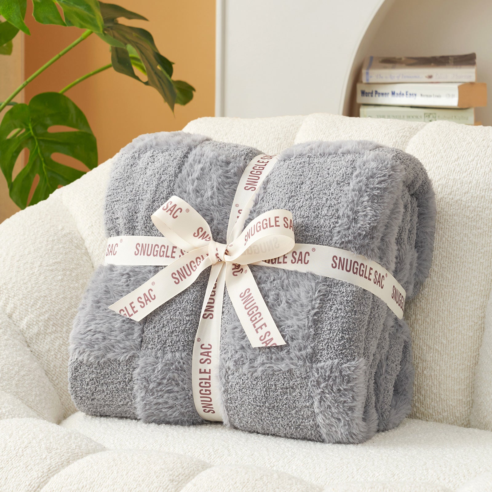 UltraCozy Solid Checkered Feather Yarn Knit Throw Blanket wrapped as a gift #Color_Solid Light Grey