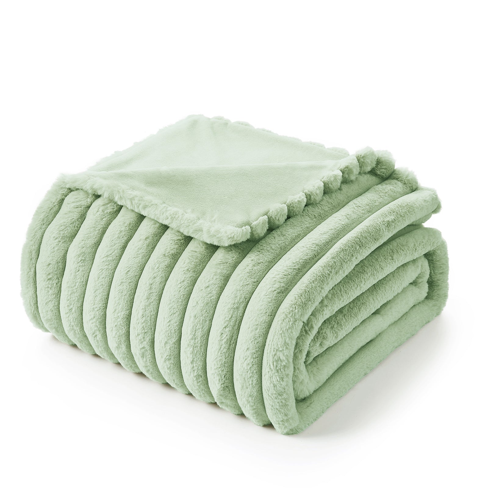 Snuggle Sac striped faux fur throw blanket in Sage Green folded front view #color_Sage Green