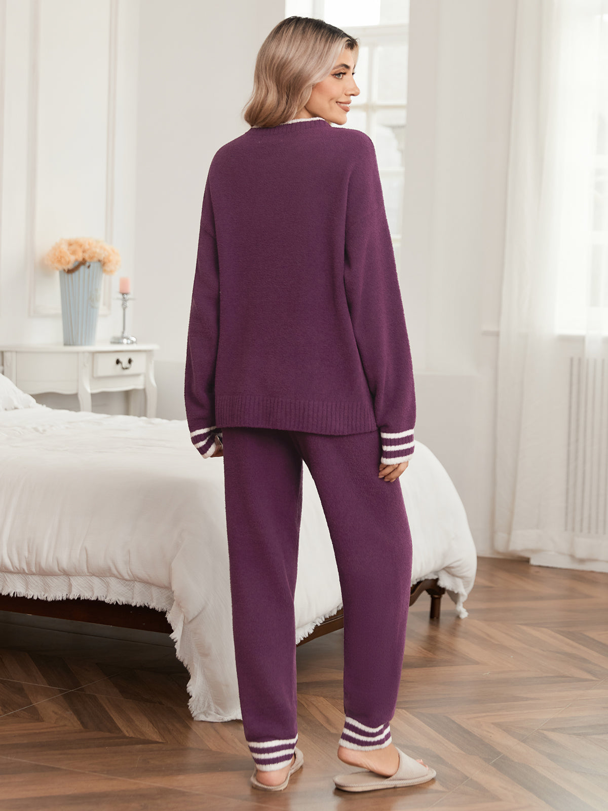 Snuggle Sac women long sleeve crewneck knit loungewear set in Dark Purple, back view showcasing relaxed silhouette and soft knit texture #color_Dark Purple