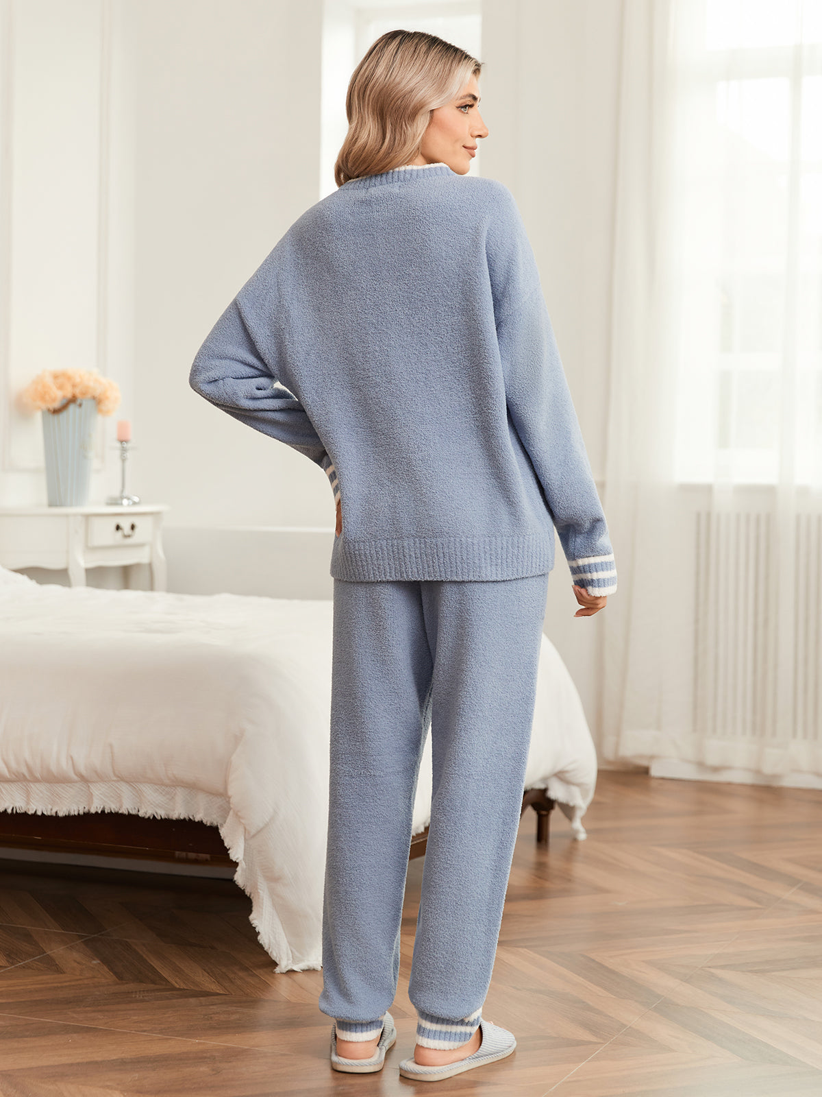 Snuggle Sac women long sleeve crewneck knit loungewear set in Blue, back view showcasing relaxed silhouette and soft knit texture #color_Blue