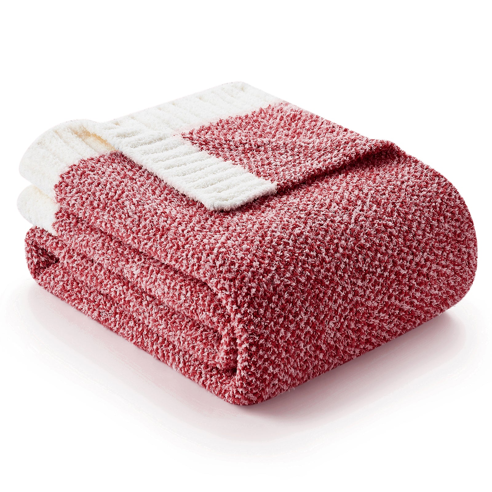 Folded Snuggle Sac Heather Feather Yarn Heather Red  Knit Throw Blanket front view#color_Heather Red