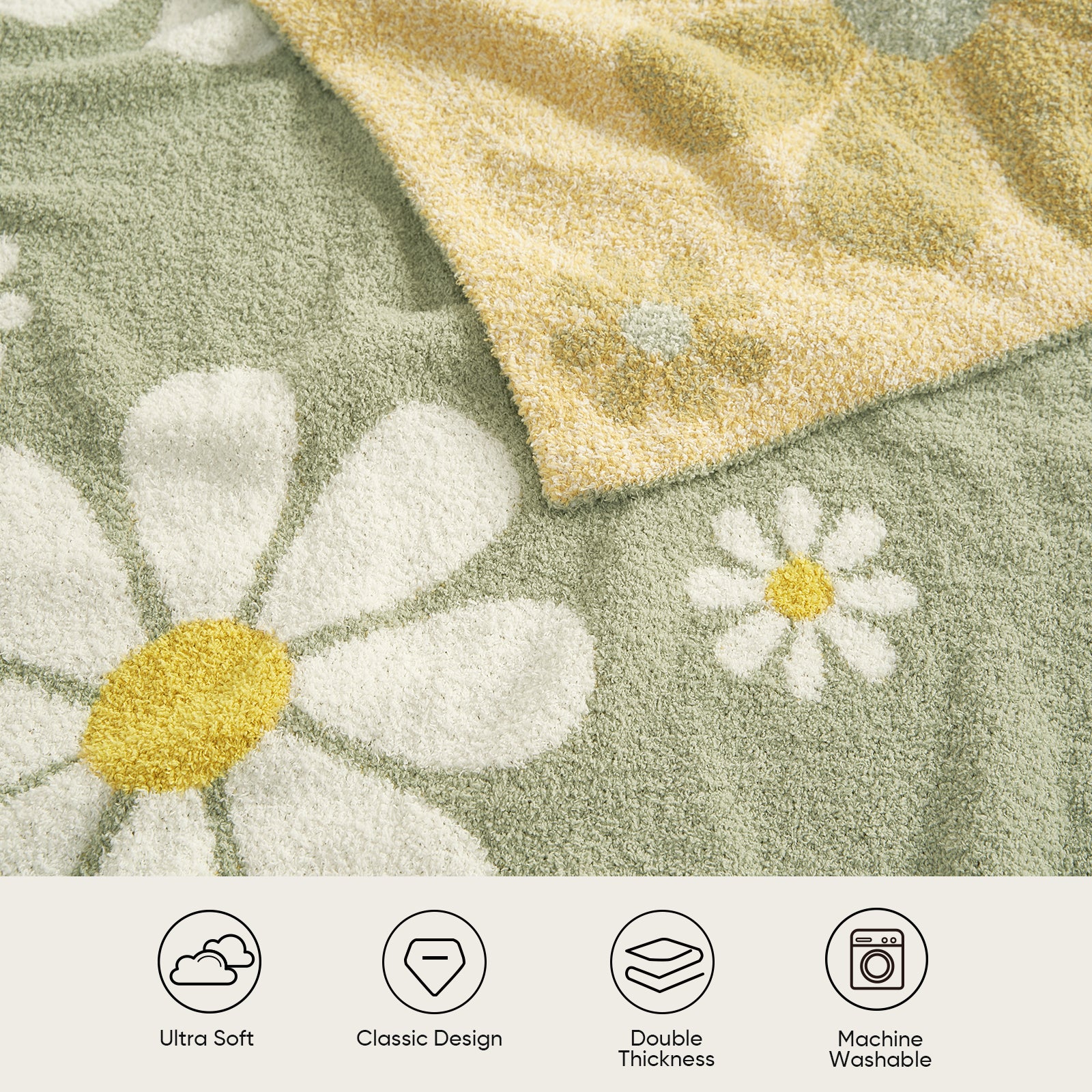 Close up of Spring Floral Feather Yarn Knit Throw Blanket showing 'Ultra Soft', 'Classic Design', 'Double thickness', 'Machine Washable' #Color_Sage Green